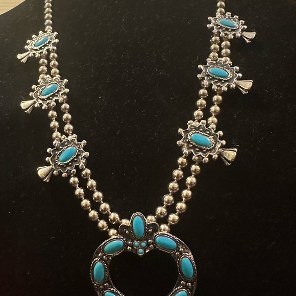Southwestern Squash Blossom Necklace Turquoise Color Double Strand 28in - Picture 3 of 9